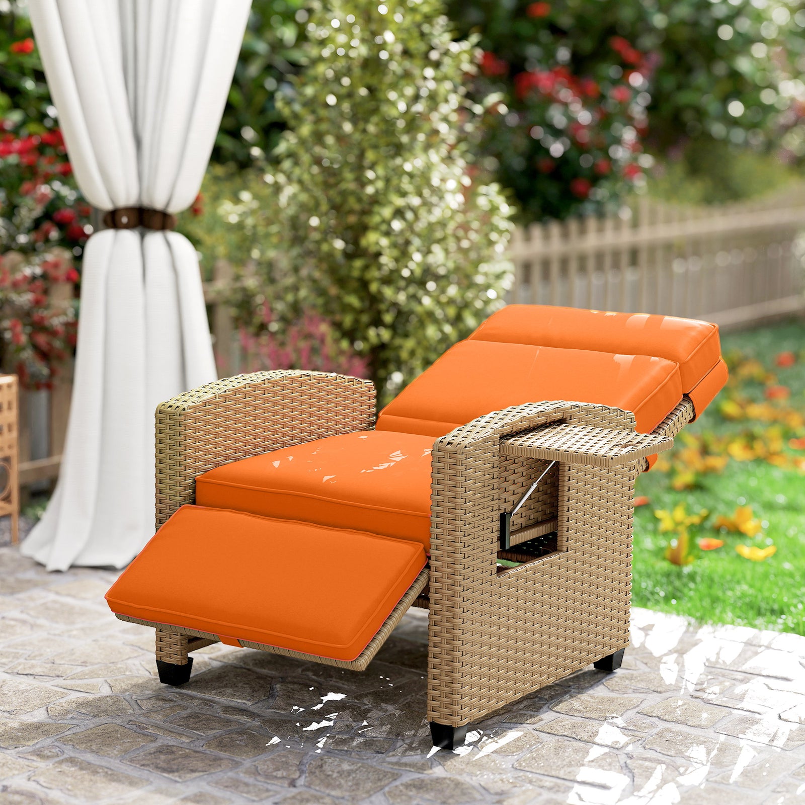 Rattan Garden Recliner Sun Lounger W/ Flip Table | Khaki & Orange
