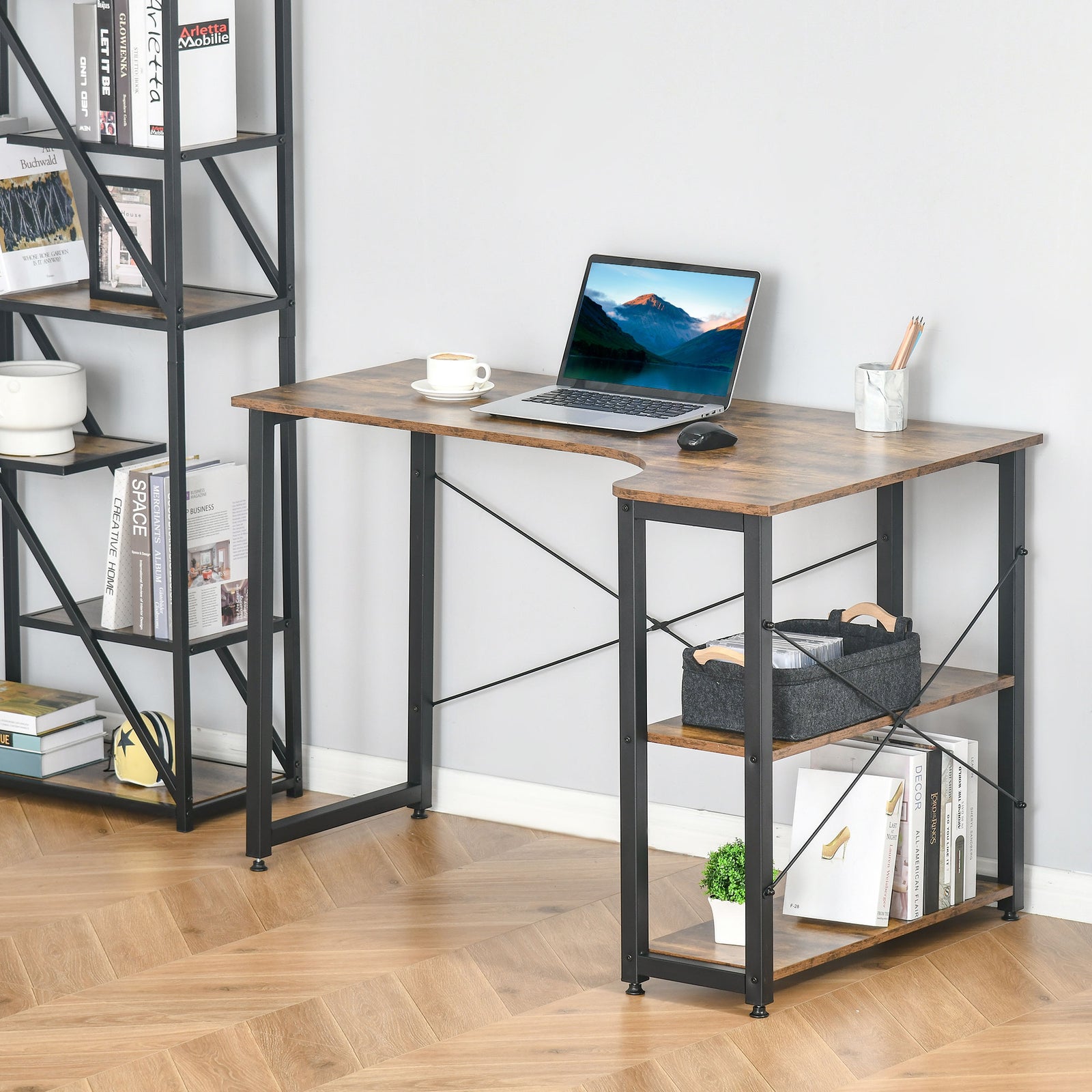 L Shaped Desk, 2 Shelves, Steel Frame