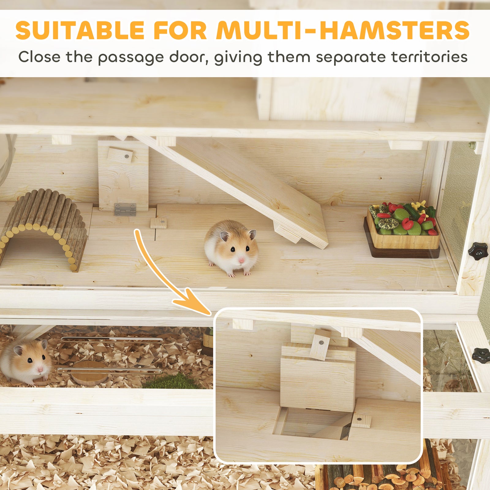 3 Tier Wooden Hamster Cage With Hut, Wheel, Ramps, 100 X 50 X 84 Cm | Natural