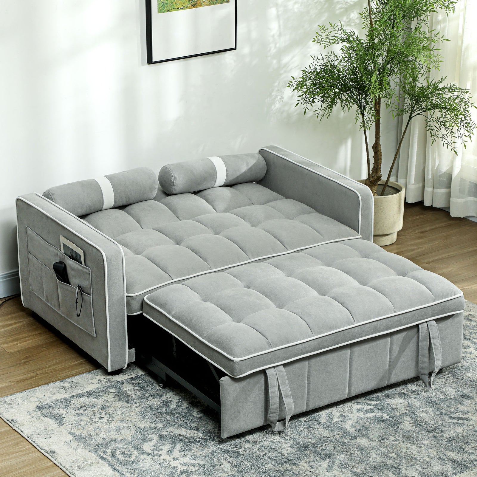 2 Seater Pull Out Sofa Bed With Adjustable Backrest, Light Grey | One Size