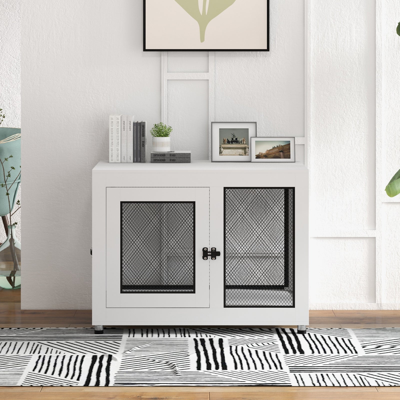 Dog Crate Table W/ Cushion Two Doors - White | White