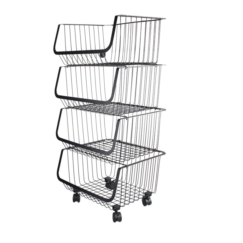 3/4/5 Tier Stackable Rolling Metal Wire Basket Trolley Rack Fruit Vegetable Storage Holder For Kitchen | Medium | Black
