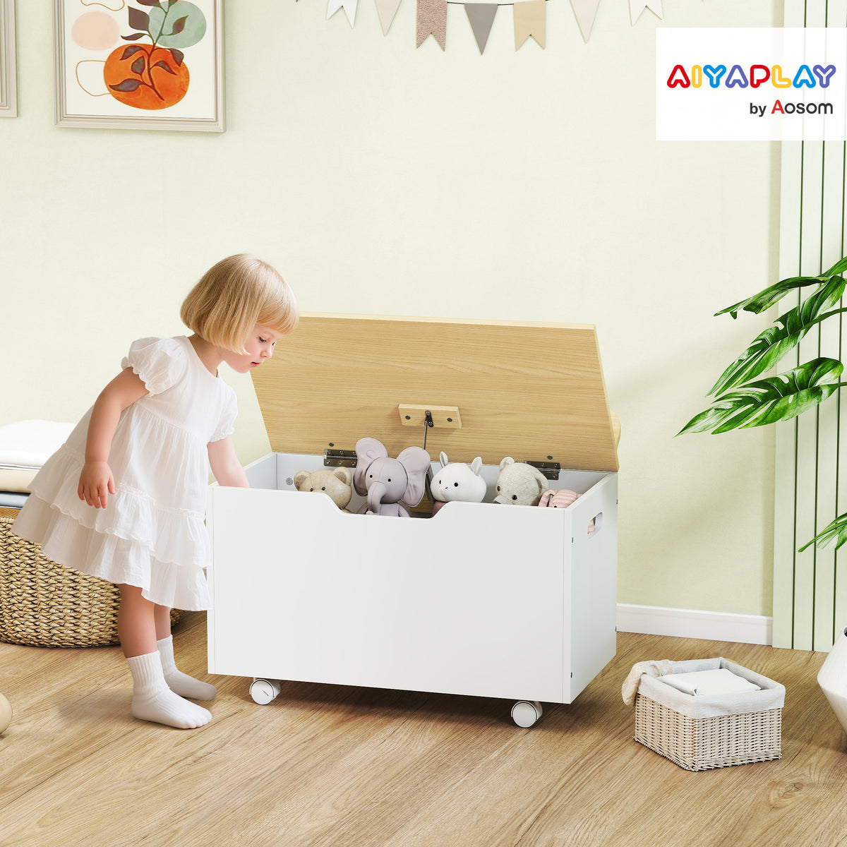 AIYAPLAY Toy Box For Kids, Toy Chest With Wheels And Safety Hinges, White
