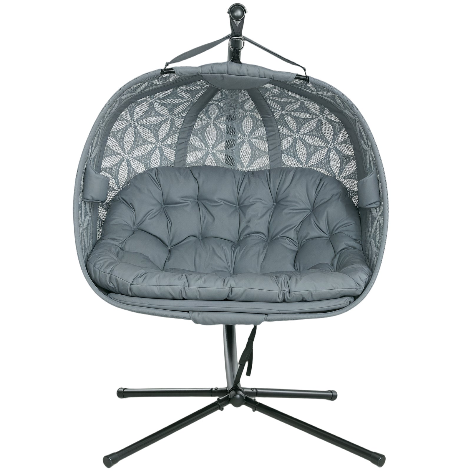 Double Hanging Swing Chair W/ Stand & Cup Holders, Grey
