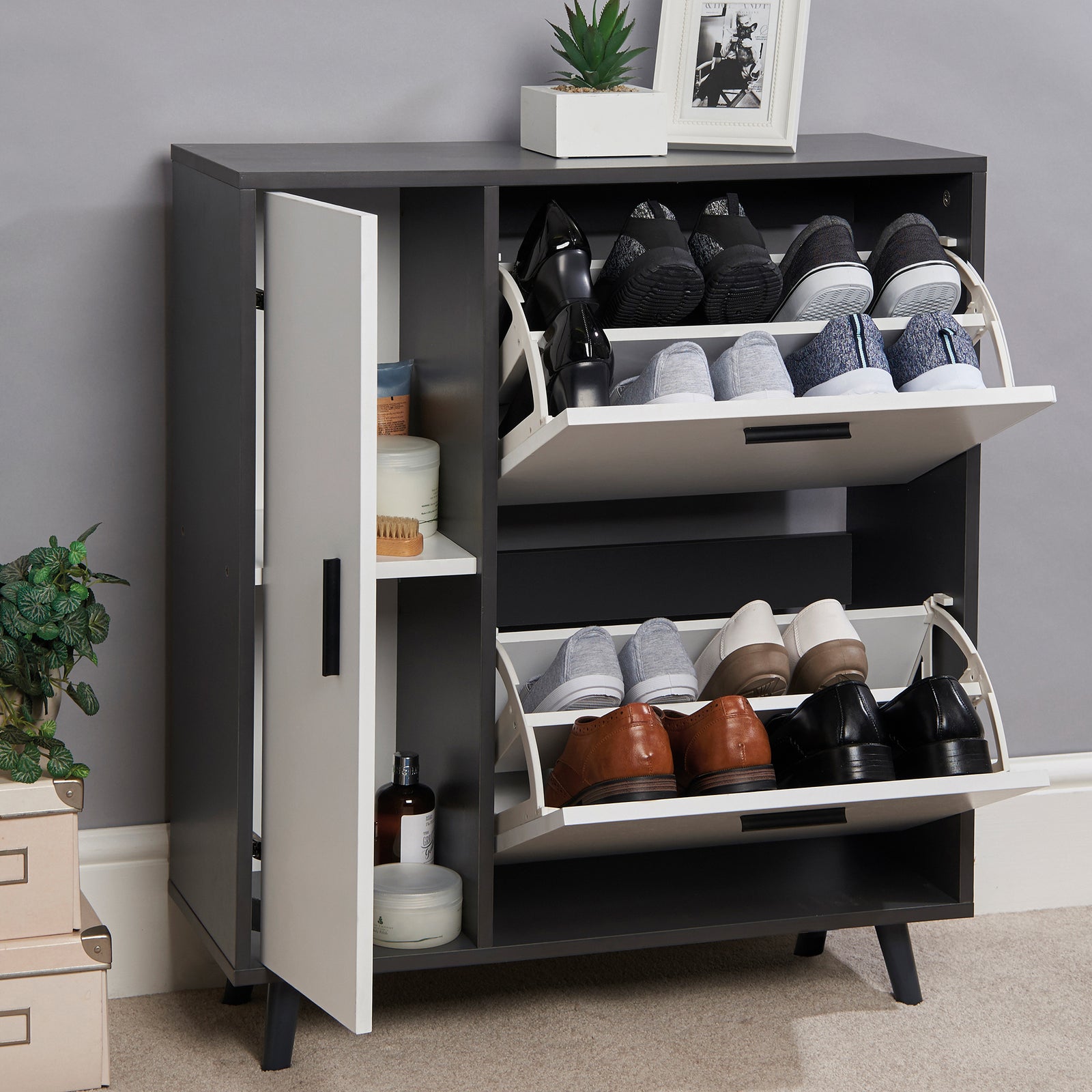 Greenhurst Shoe Storage Cabinet With Side Cupboard, Wooden Grey/White H86 X W75cm