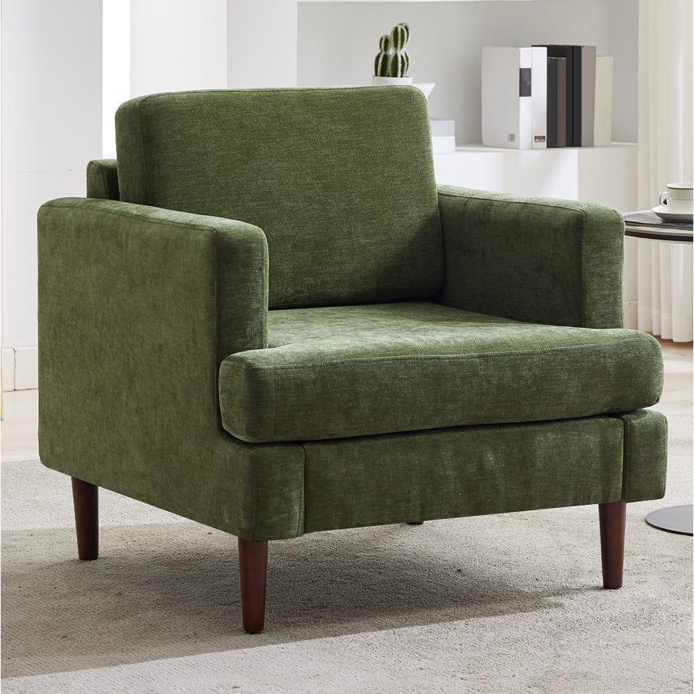 Mid-century Modern Single Sofa Chair –  Chenille Upholstery, High-density Foam, Walnut Legs, Comfortable Accent Chair