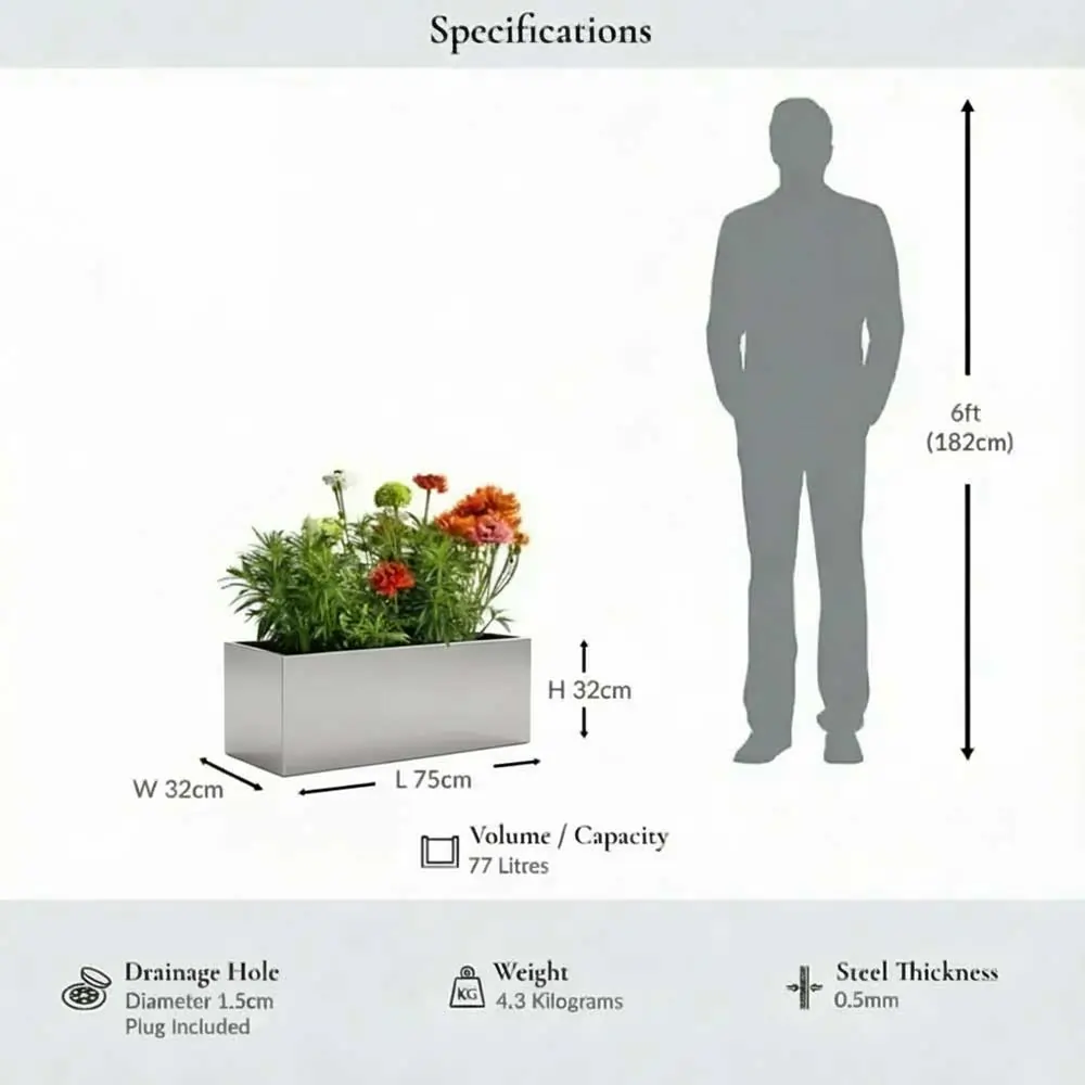 Zinc Galvanised Trough Planter | 75cm x 32cm x 32cm | Silver