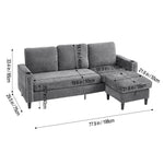 Grey Chenille 3-seater Sofa With Ottoman – Metal Rivets, Cup Holders & Side Pockets, Wooden & Iron Frame