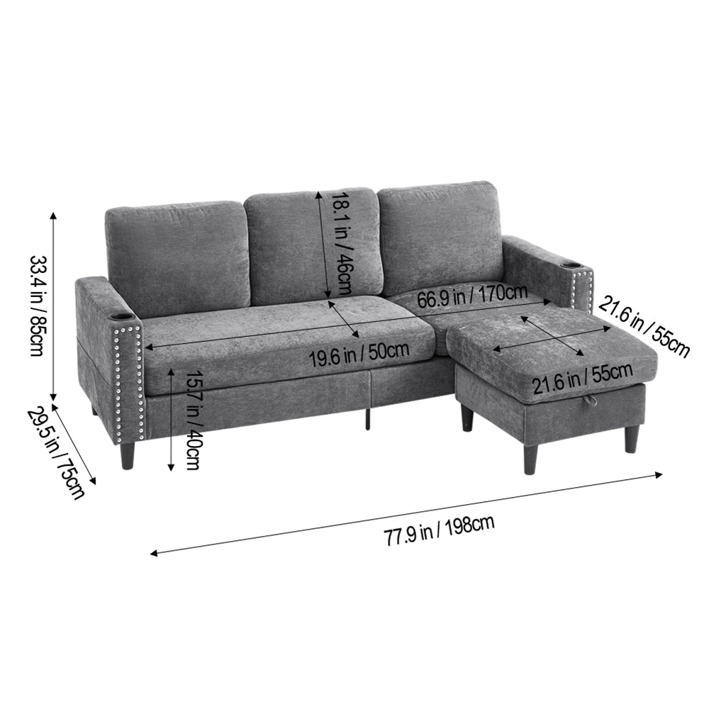 Grey Chenille 3-seater Sofa With Ottoman – Metal Rivets, Cup Holders & Side Pockets, Wooden & Iron Frame