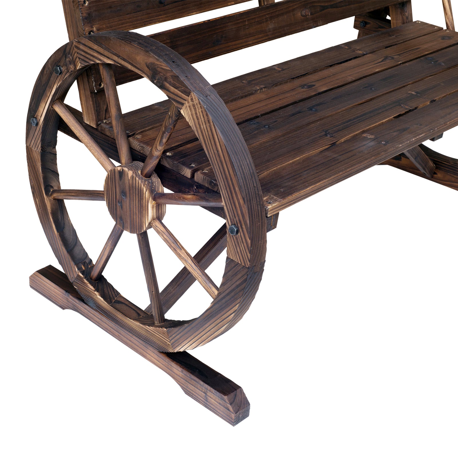 2 Seater Garden Bench W/ Wooden Cart Wagon Wheel Rustic Back | Brown
