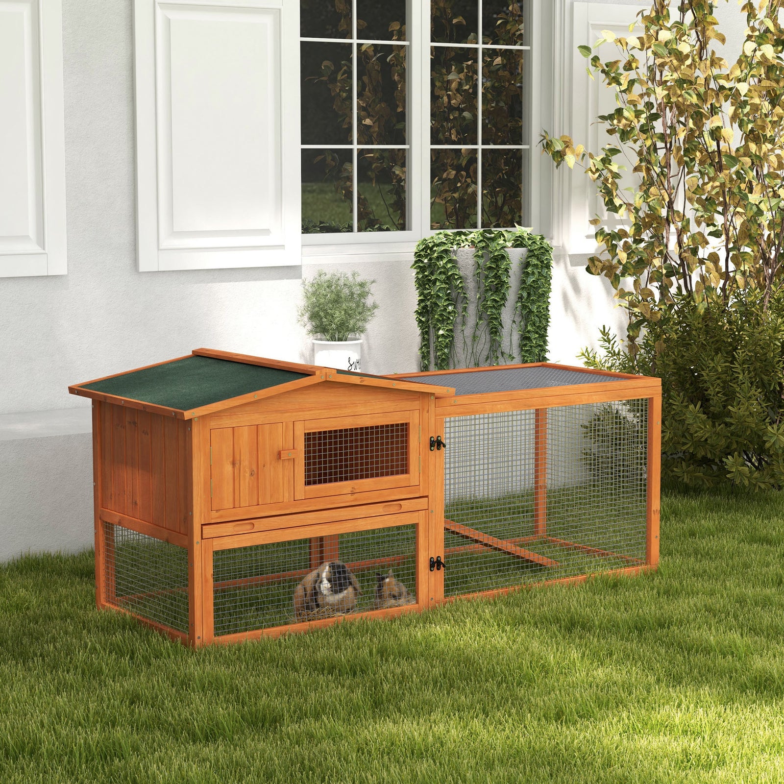 Rabbit Hutch And Run Outdoor W/ Sliding Tray Hay Rack Ramp, 156x58x68cm | Orange