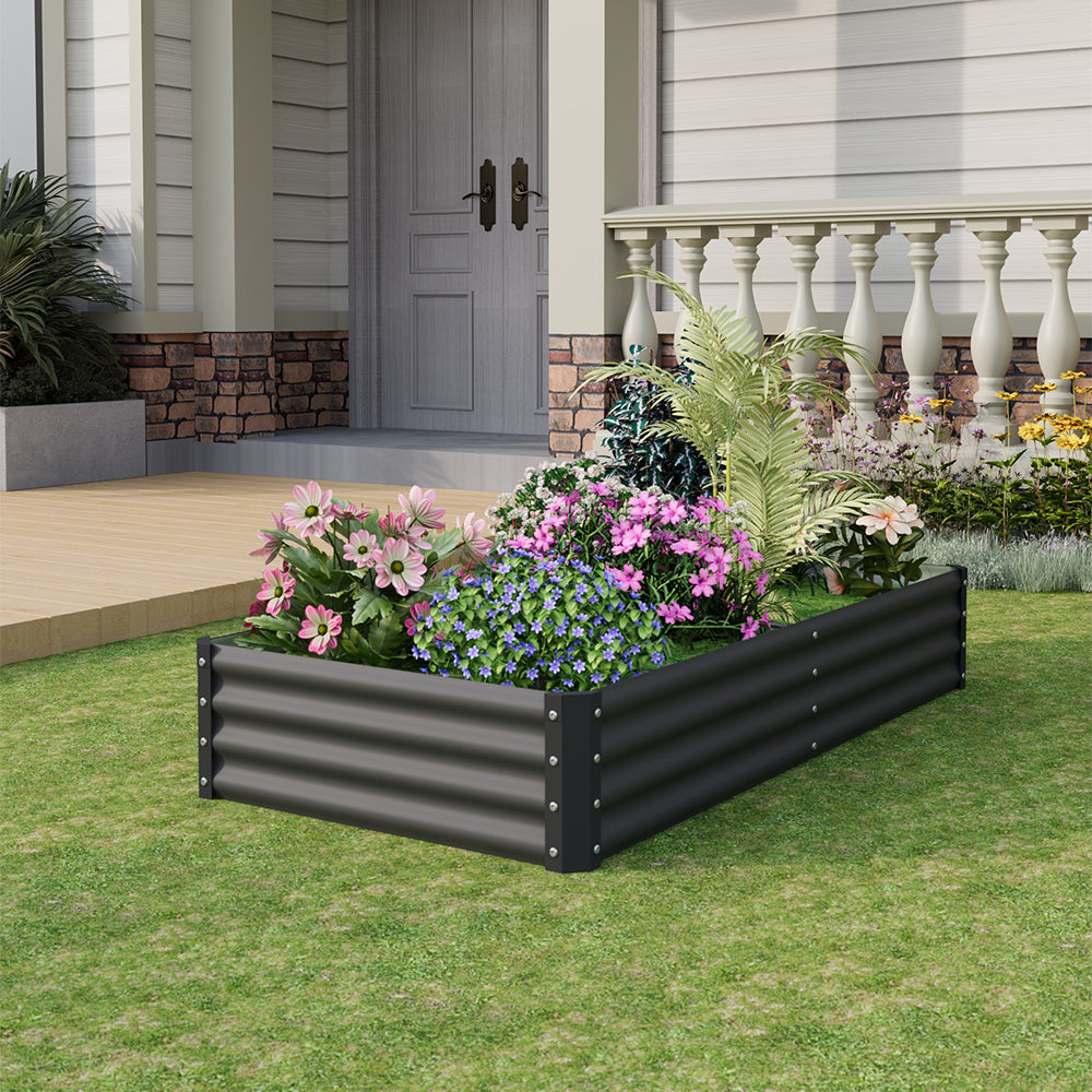 Rectangular Garden Bed – Durable Steel Raised Planter With Safe Edges,180cm W X 90cm D X 30cm H, 2 Support Bars | Black