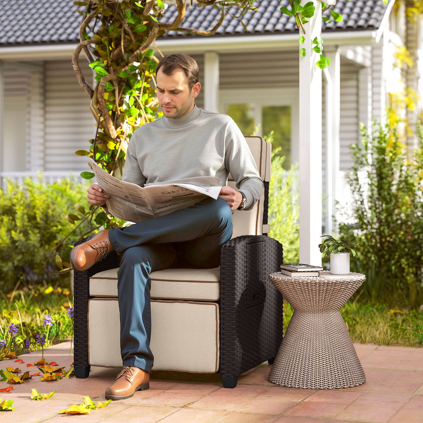 Rattan Recliner Chair, Adjustable Backrest | Khaki