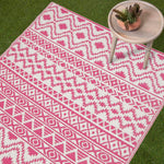 Luxury Outdoor Rug Waterproof Reversible For Garden Patio 100% Recycled, Pink Tia Aztec | 150cm x 240cm | Pink