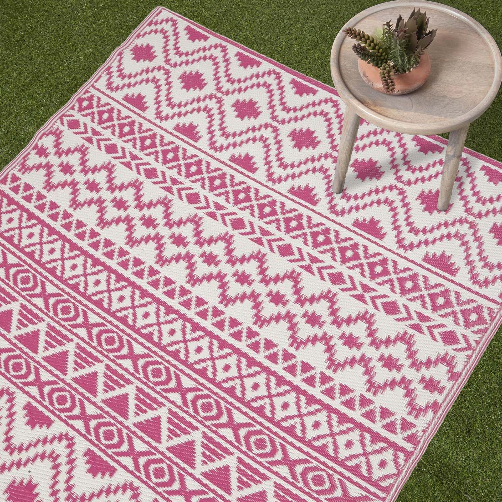 Luxury Outdoor Rug Waterproof Reversible For Garden Patio 100% Recycled, Pink Tia Aztec | 180cm x 270cm | Pink