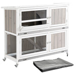 Two-tier Wooden Rabbit Hutch W/ Wheels, Trough, Rain Cover, Tray 
Grey