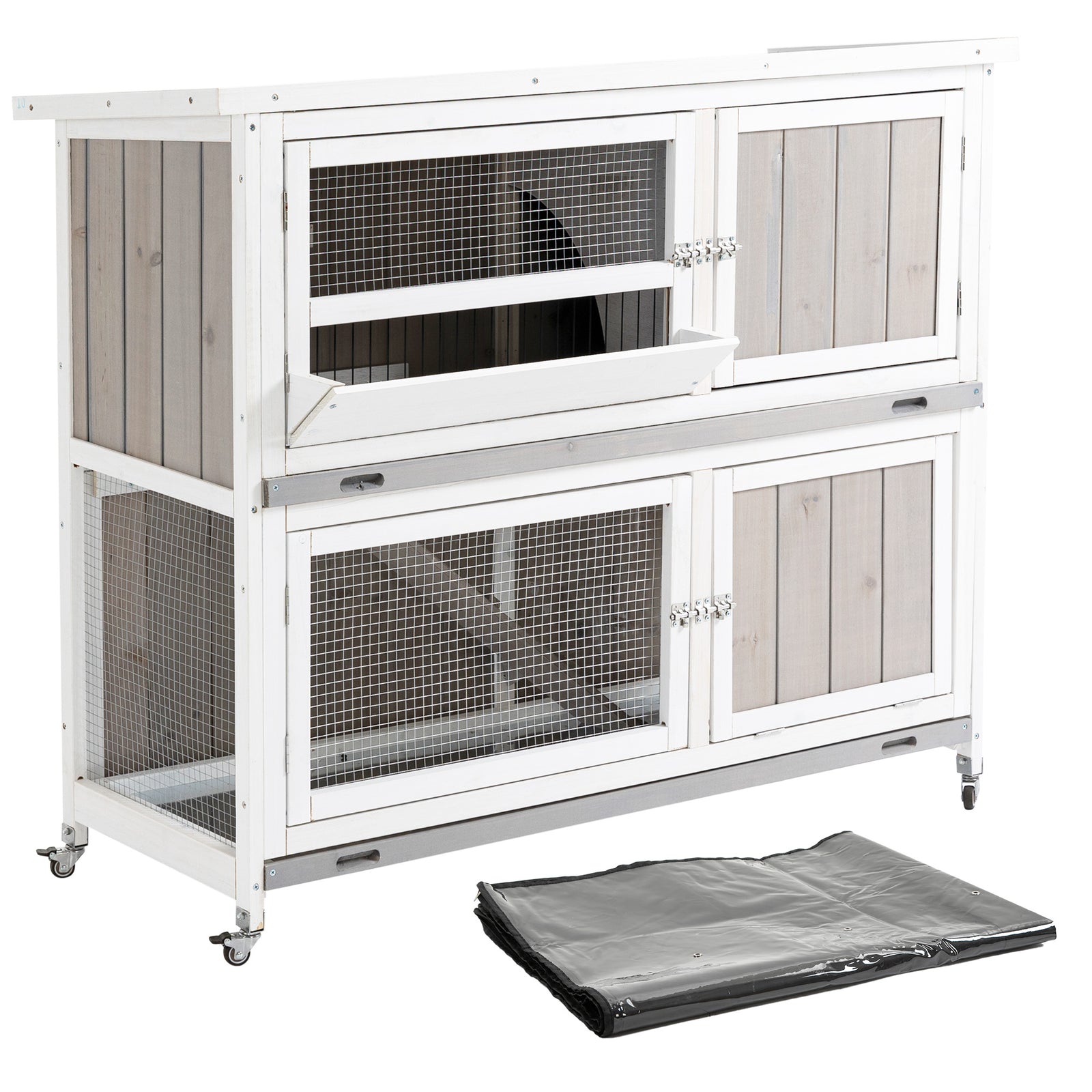 Two-tier Wooden Rabbit Hutch W/ Wheels, Trough, Rain Cover, Tray 
Grey