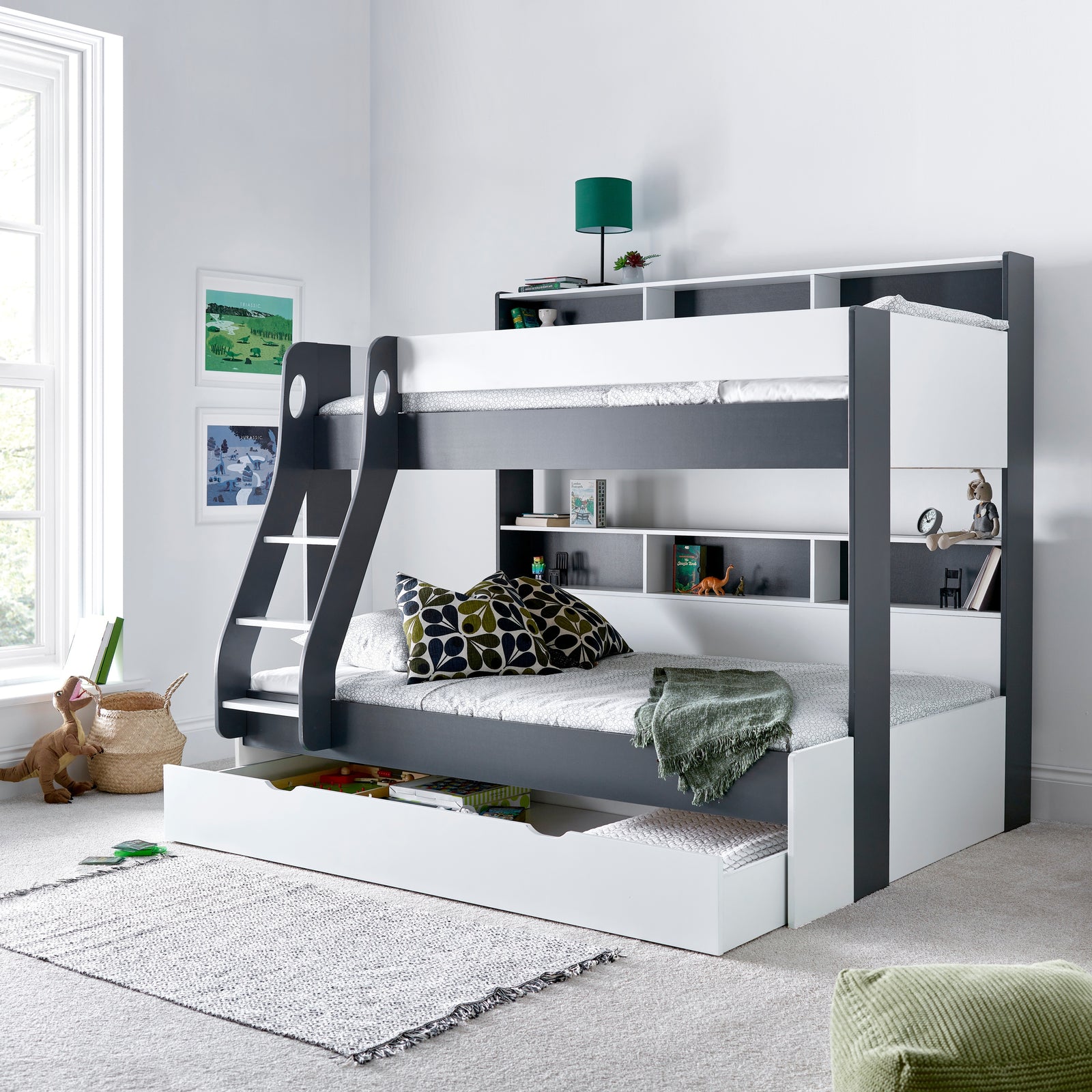 Oliver Triple Sleeper Storage Bunk Bed With Drawer With Memory Foam Mattresses | Small Double | Grey & White