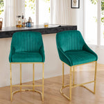 Modern Velvet Upholstered Bar Stools With Metal Legs, Set Of 2 – Contemporary Design, Comfortable Padded Seat, And Anti-slip Base | Green