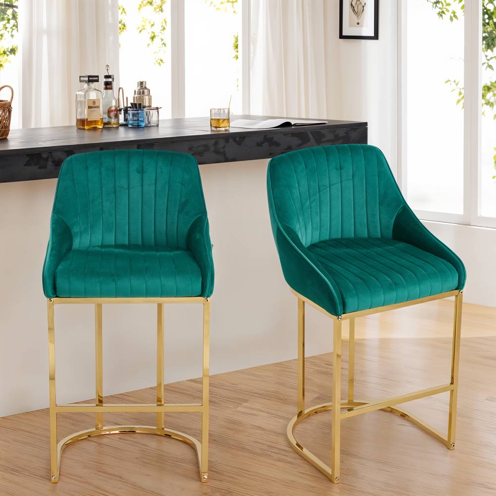 Modern Velvet Upholstered Bar Stools With Metal Legs, Set Of 2 – Contemporary Design, Comfortable Padded Seat, And Anti-slip Base | Green