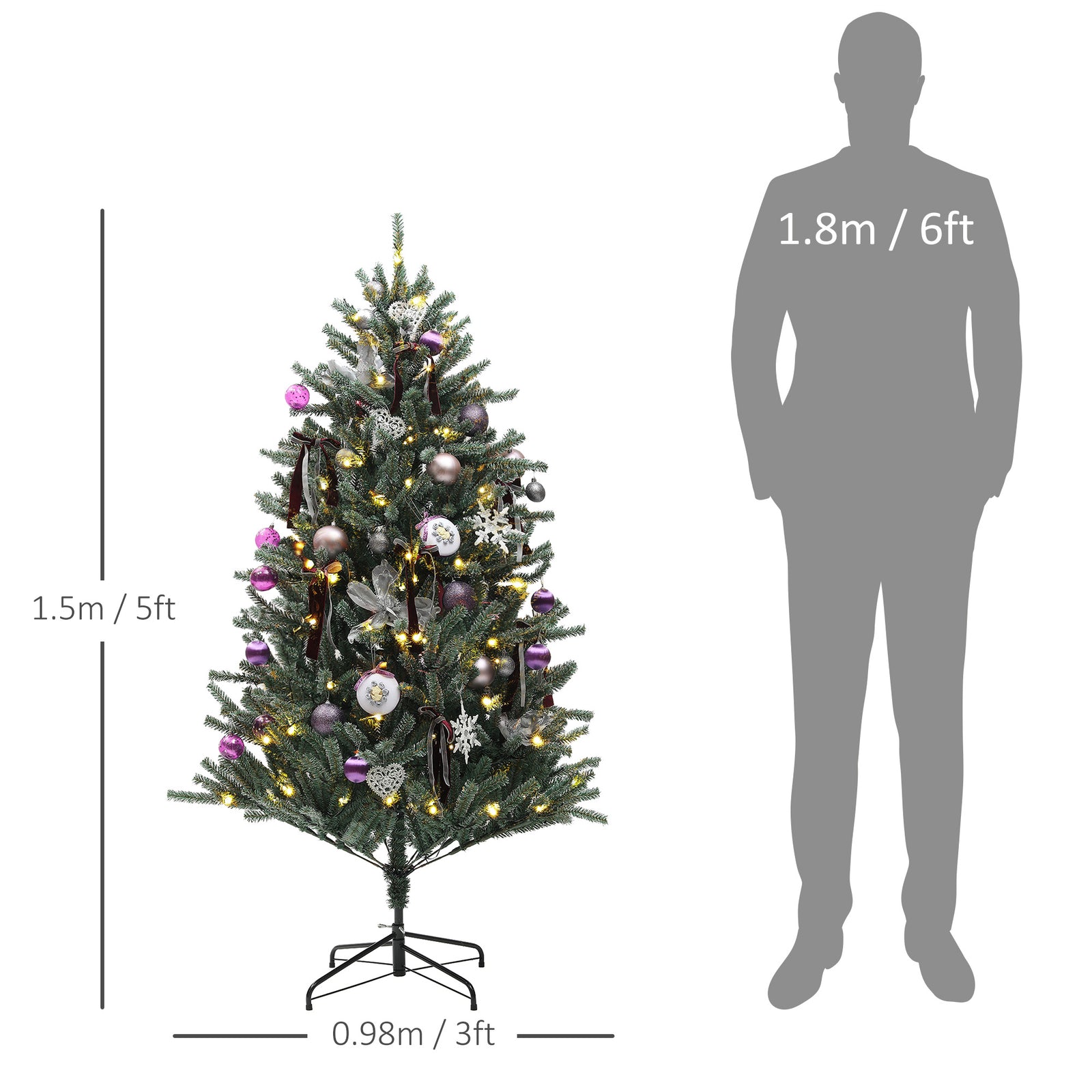 5ft Artificial Prelit Christmas Tree W/ Led Lights, Purple Ornaments | 5ft | Green