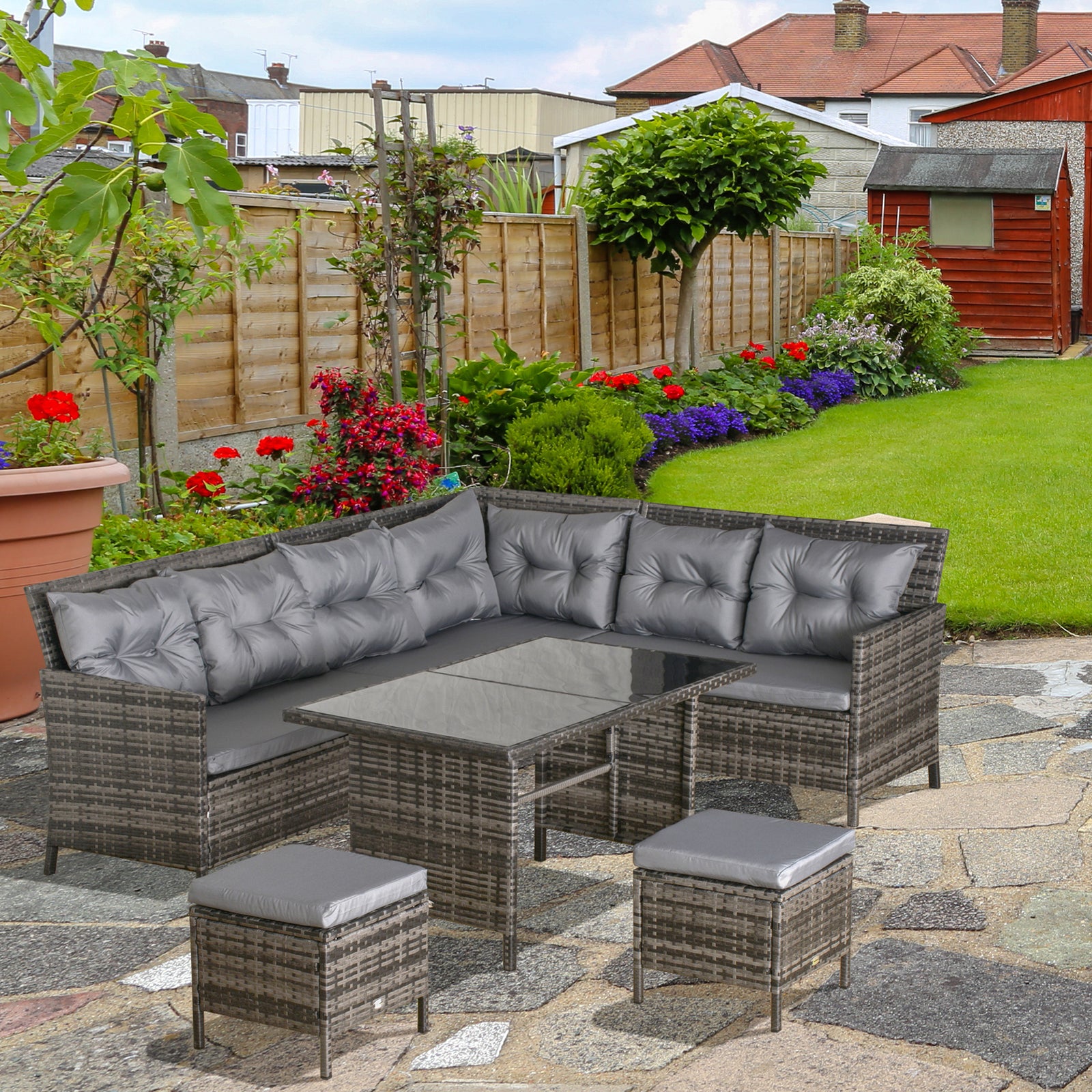 6 Pcs Patio Wicker Dining Set Rattan Chair Stool Table Set | Gray