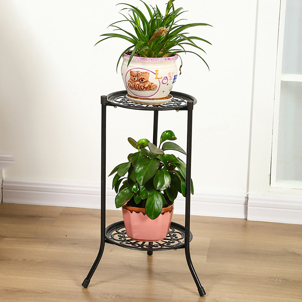 2-tier Black Vintage Metal Plant Stand Vertical Plant Display Rack With Decorative Trays 50cm Tall