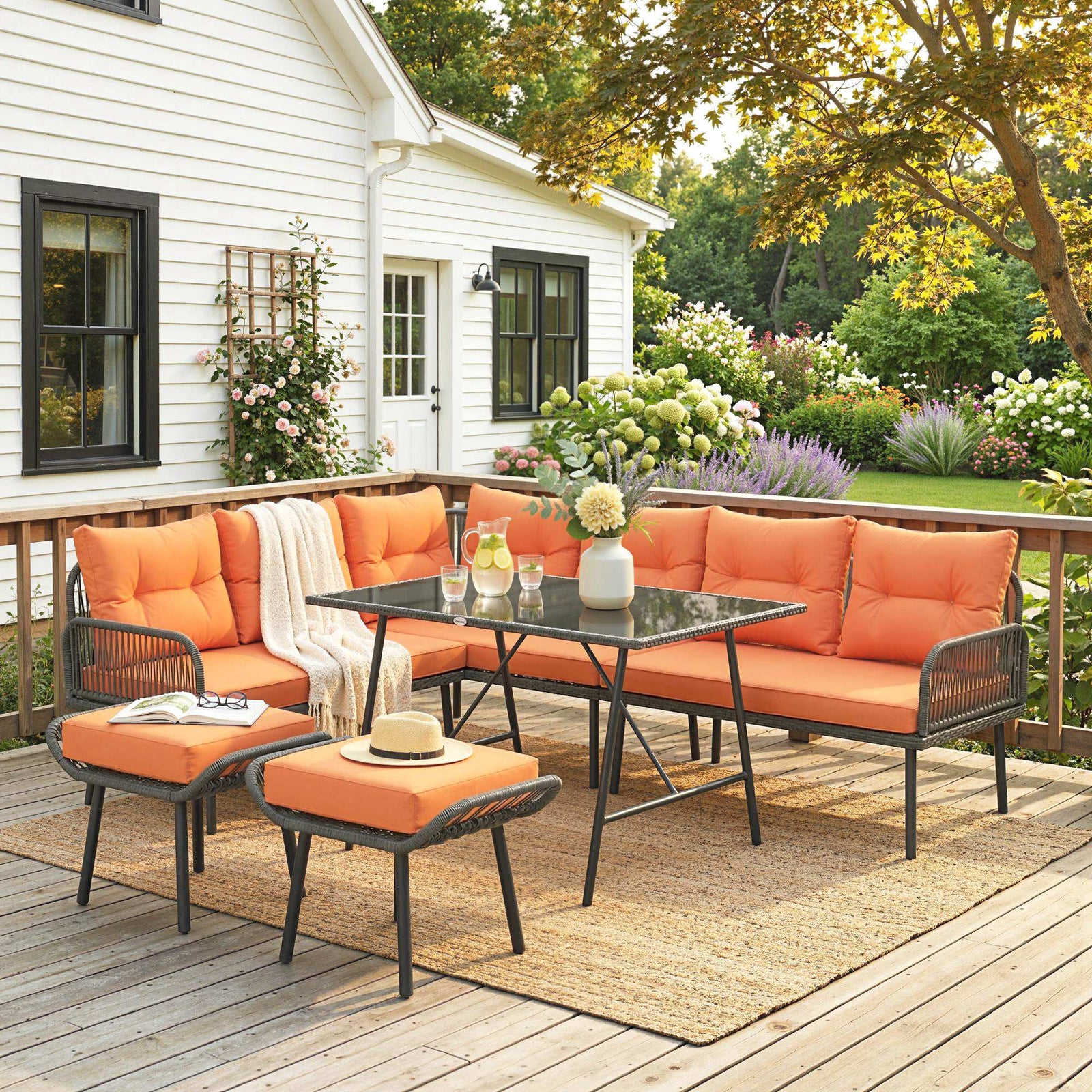 Sectional Outdoor Furniture With Glass Top Table | Orange