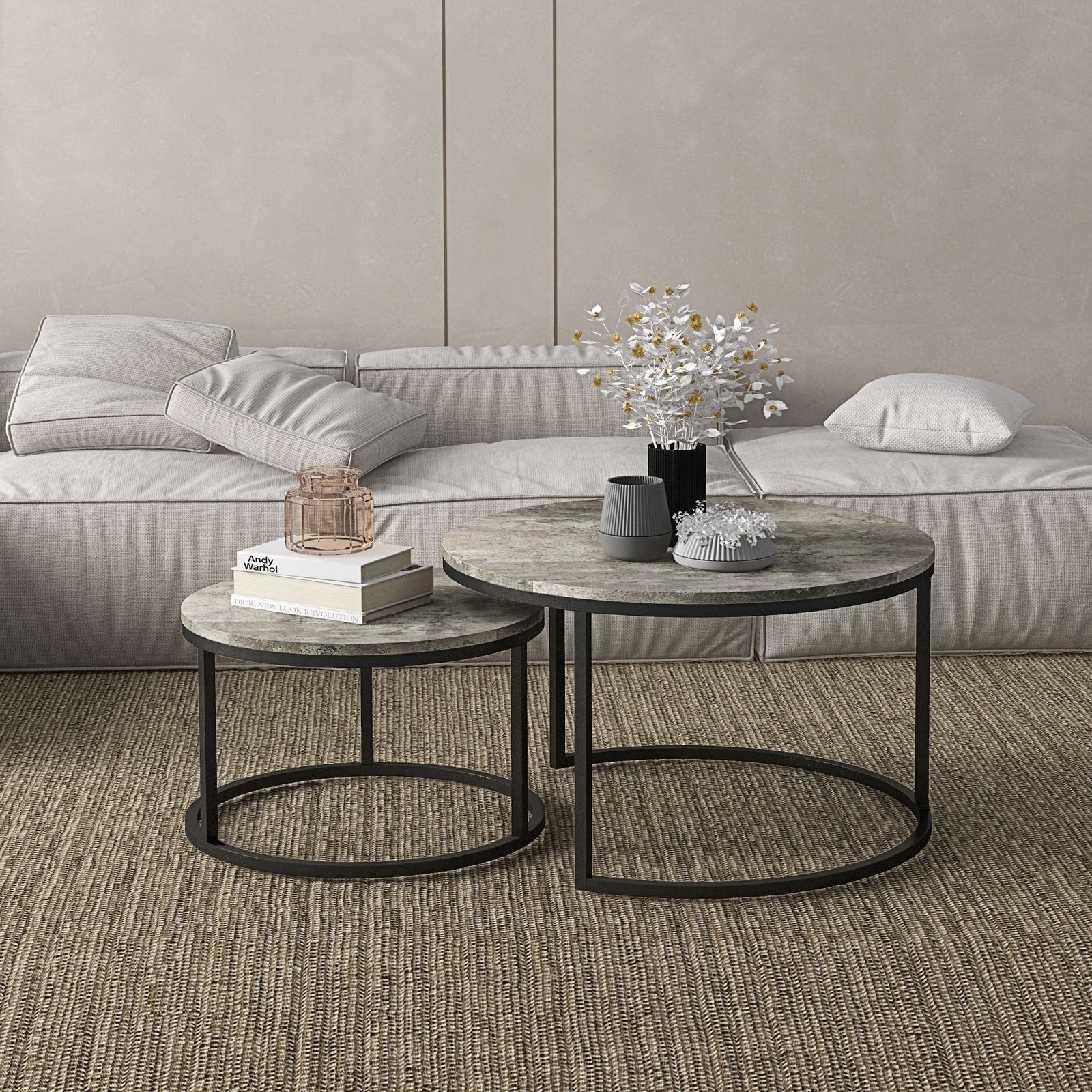 Stacking Coffee Tables Set, Marble Effect | Charcoal Gray