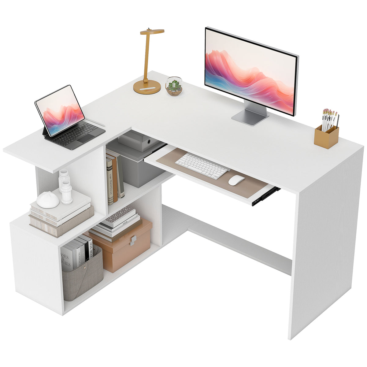 L-shaped Corner Desk With Keyboard Tray And Open Shelves, White