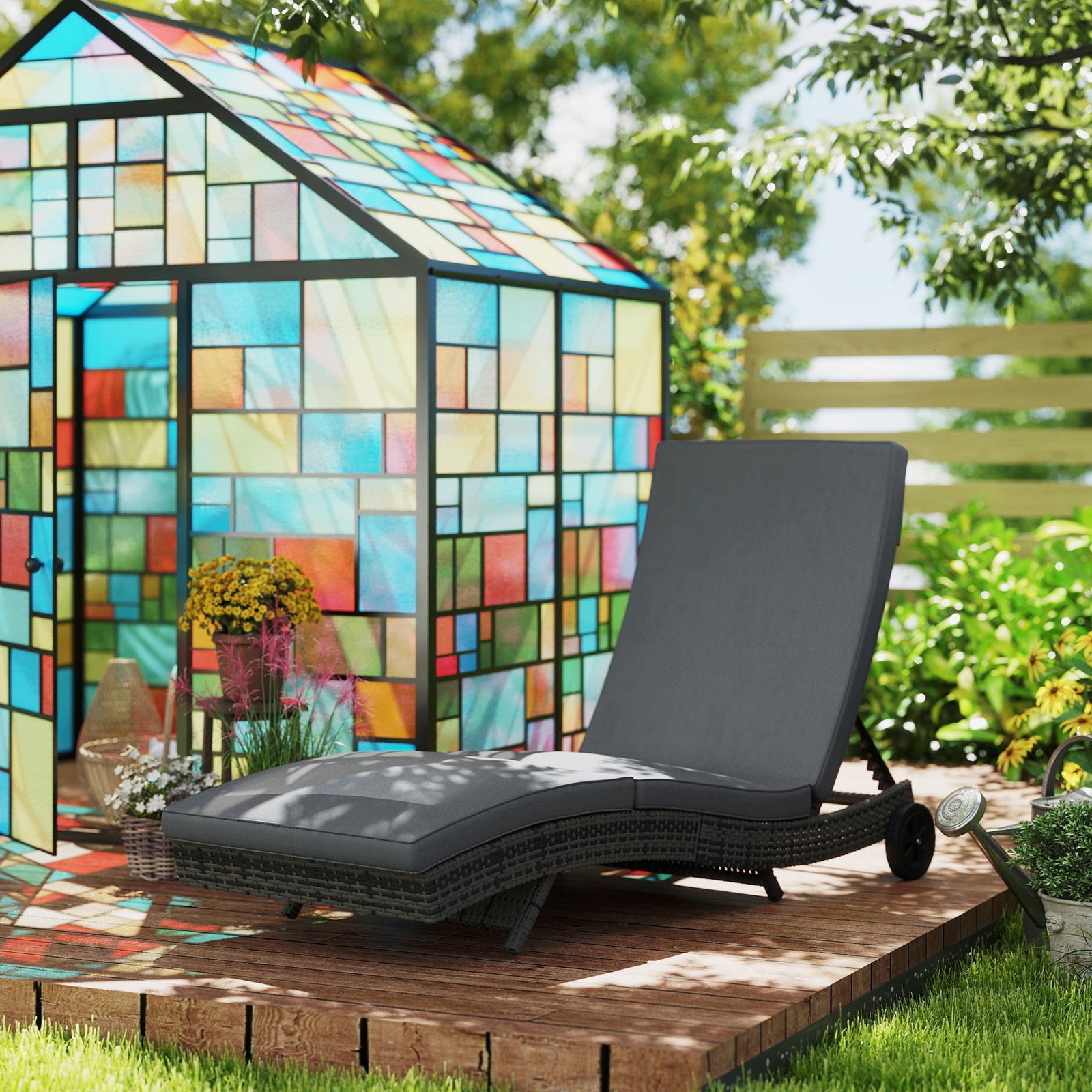 Outdoor Reclining Lounge Chair, Pe Wicker, Rolling Wheels