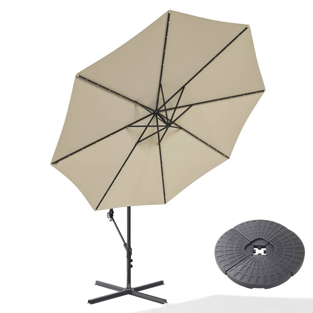 3 M Banana Patio Umbrella Cantilever Garden Parasol With Solar-powered 32 Led Lights, Crank For Opening Closing With Cross Base & Fillable Base | One Size | Beige
