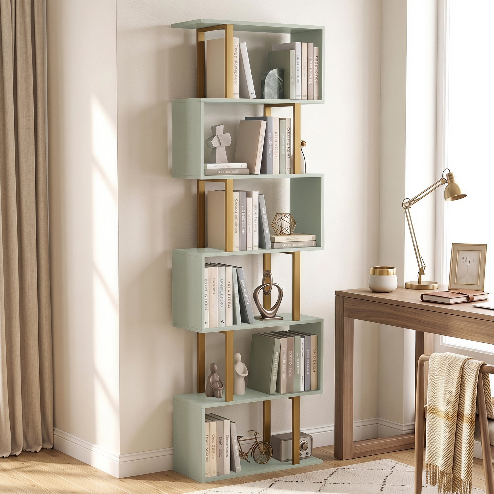 S-shaped Bookshelf, 6-tier Bookcase With Anti-tip Strap | Light Green