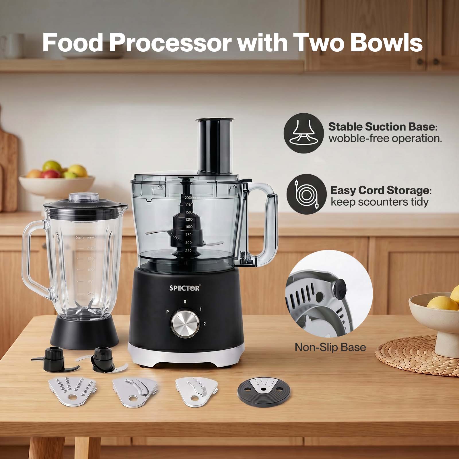 Spector Food Processor 1500w 2-speed Pulse 2.5l Chopper 1.5l Glass Jug