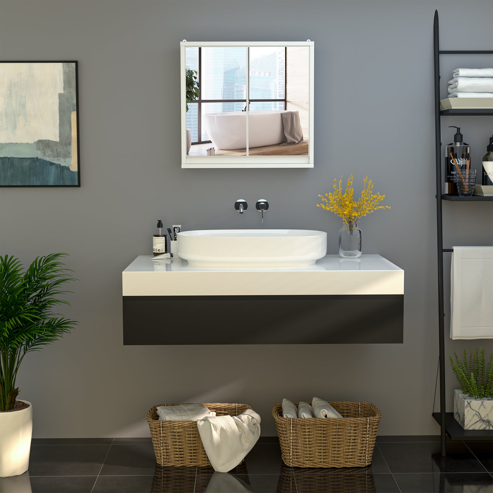 Wall Mounted Mirror Cabinet With Storage Shelf Bathroom | One Size | White