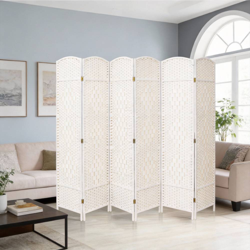 4/6-panel Foldable Room Divider – White Weave Fiber And Solid Wood Frame | Large
