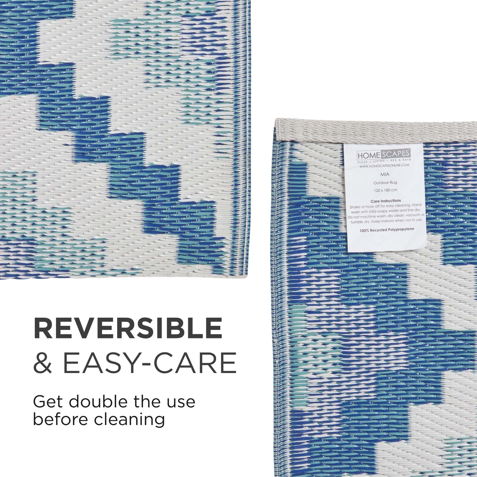 Luxury Outdoor Rug Waterproof Reversible For Garden Patio 100% Recycled, Blue Mia Aztec | 120cm x 180cm | Blue