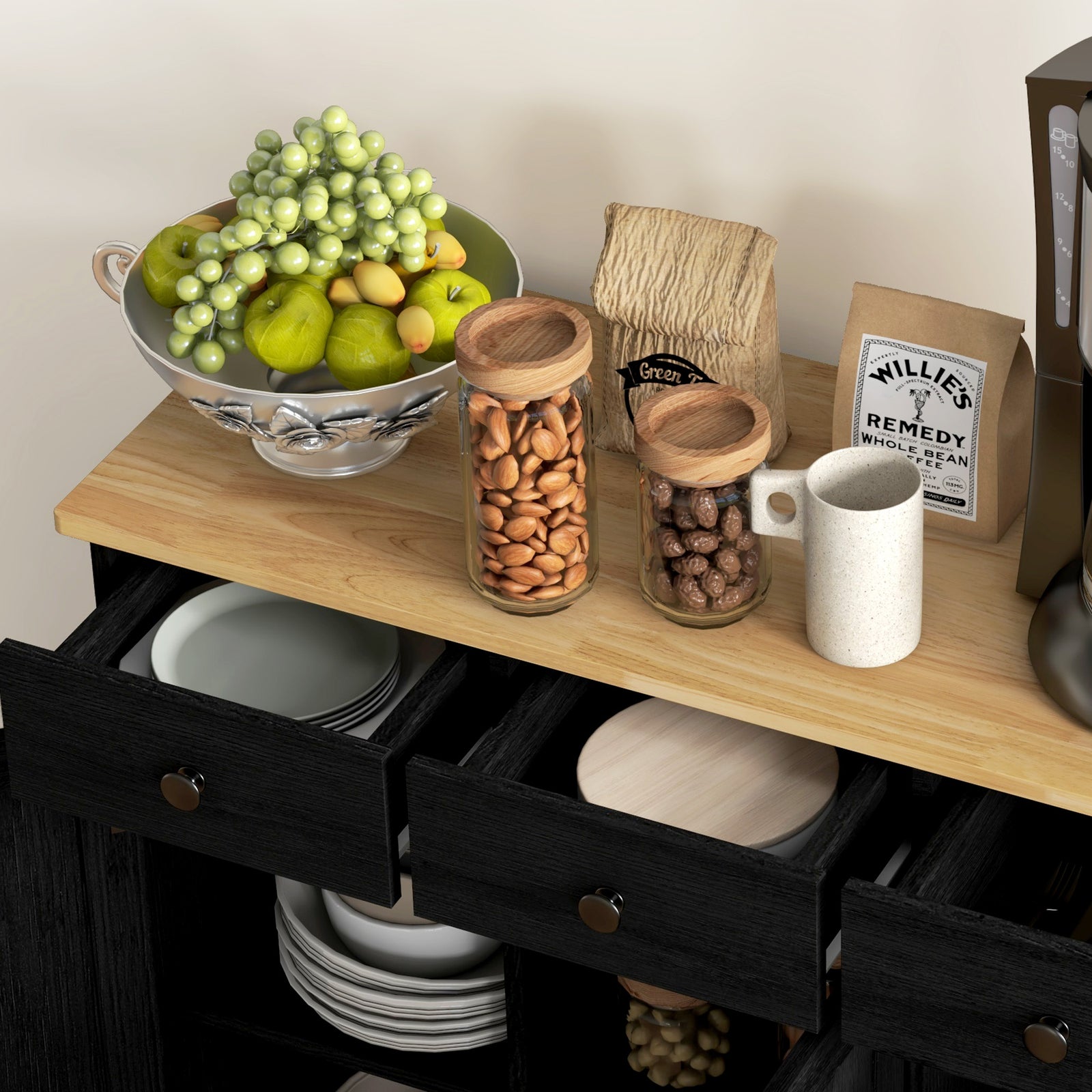Sideboard Buffet Cabinet With Rubber Wood Top And Drawers | Black