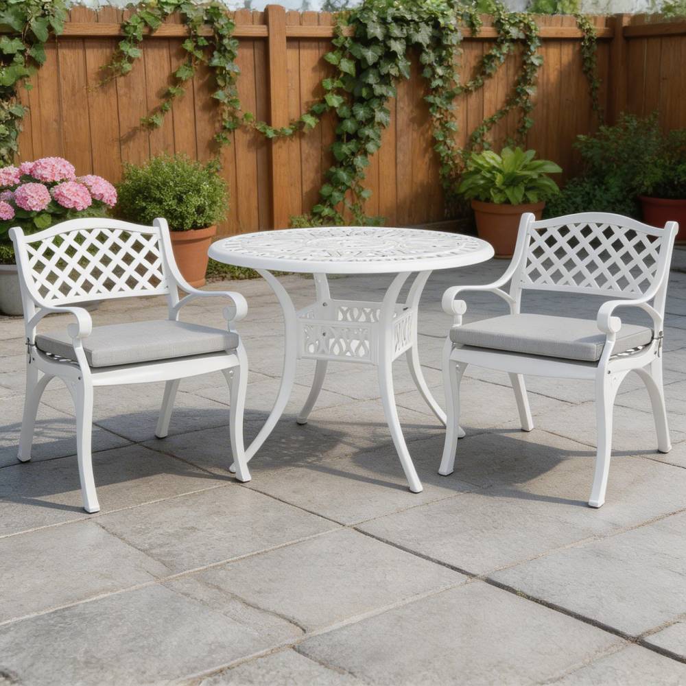 Set Of 3 Retro Garden Bistro Set Cast Aluminium With Cushions | White
