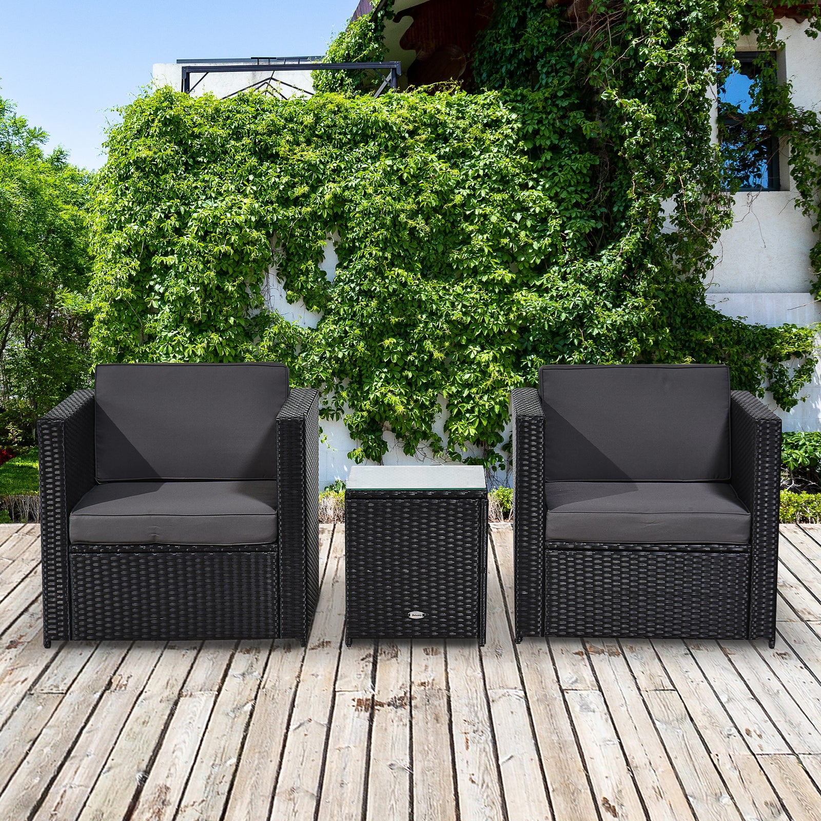 3pcs Patio Rattan Sofa Garden Furniture Set W/ Cushions | Black