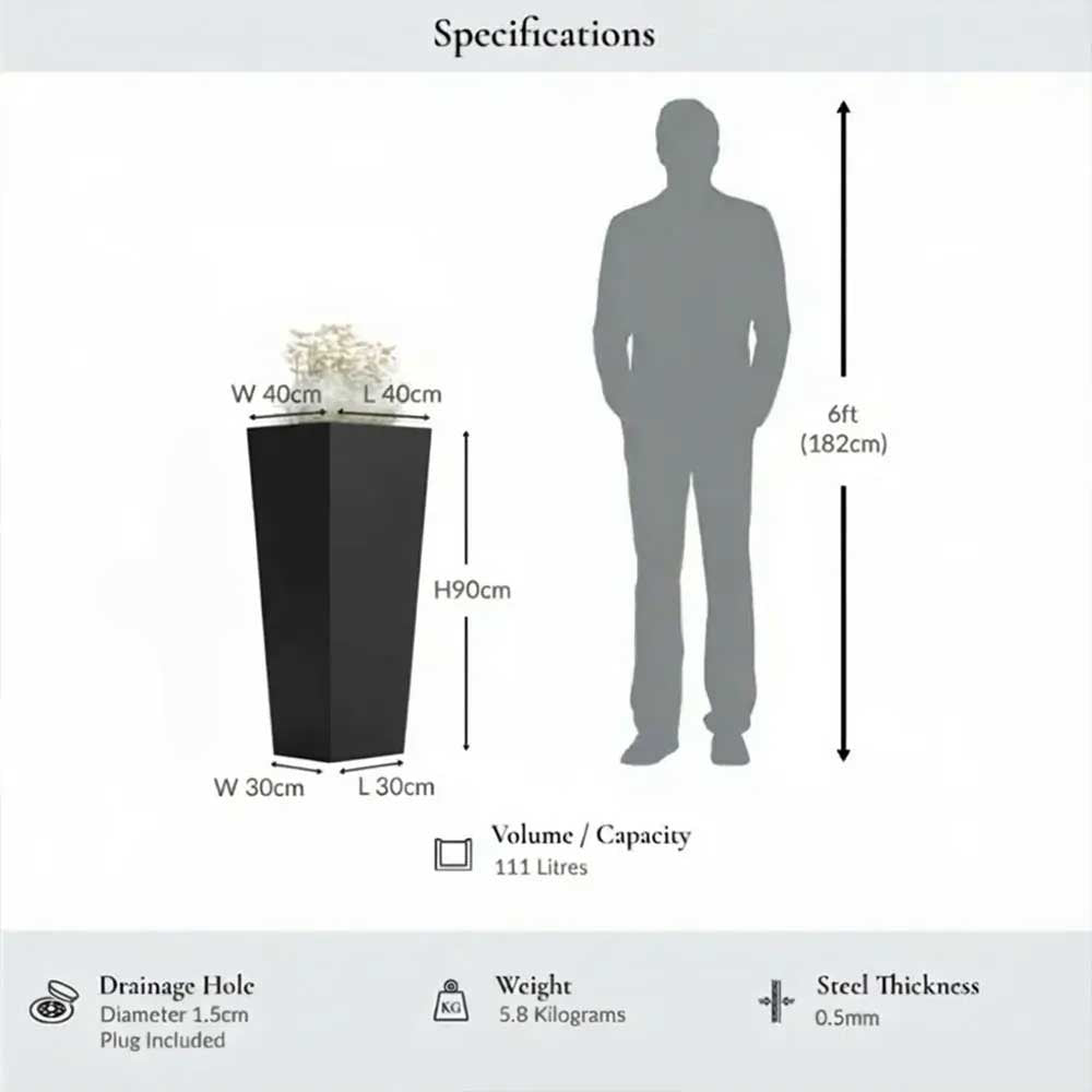 Zinc Galvanised Tall Flared Tapered Square Planter | 40cm x 40cm x 90cm | Matte Black