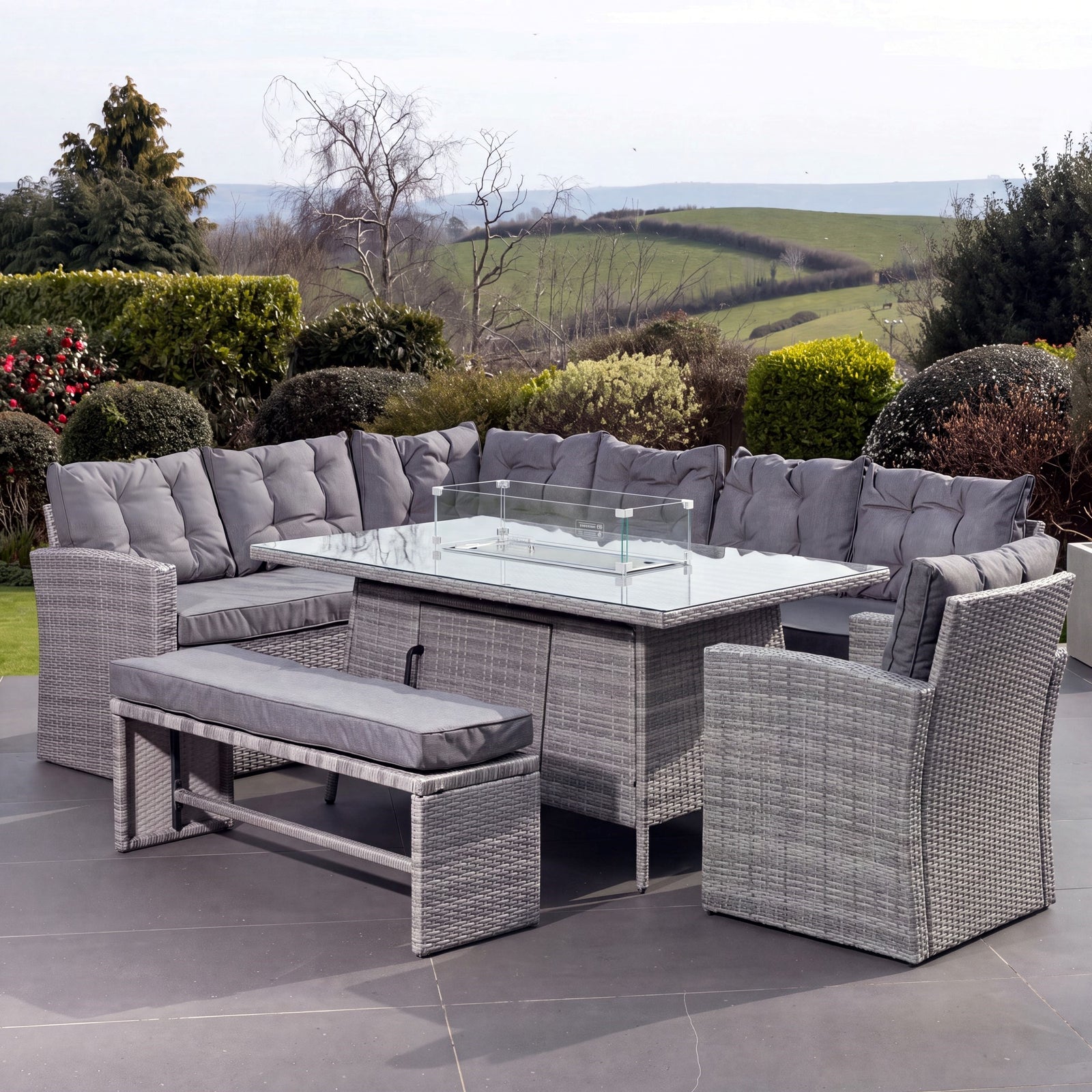 Piana 10 Seat Rattan Corner Sofa With Firepit Table, Bench And Chair | Grey