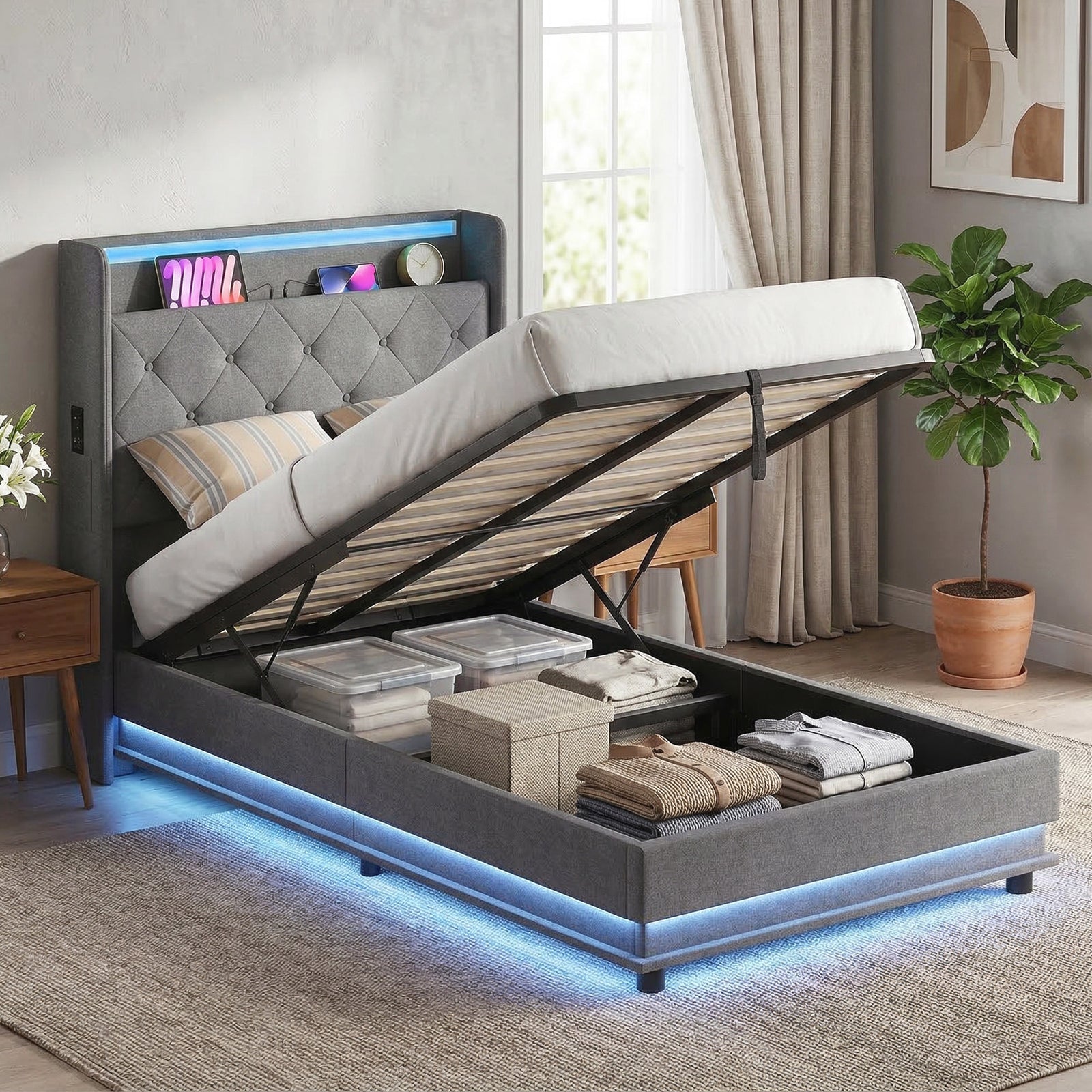 Lift Up Storage Bed Frame With Rgb Led Lights | 3ft | Dark Grey