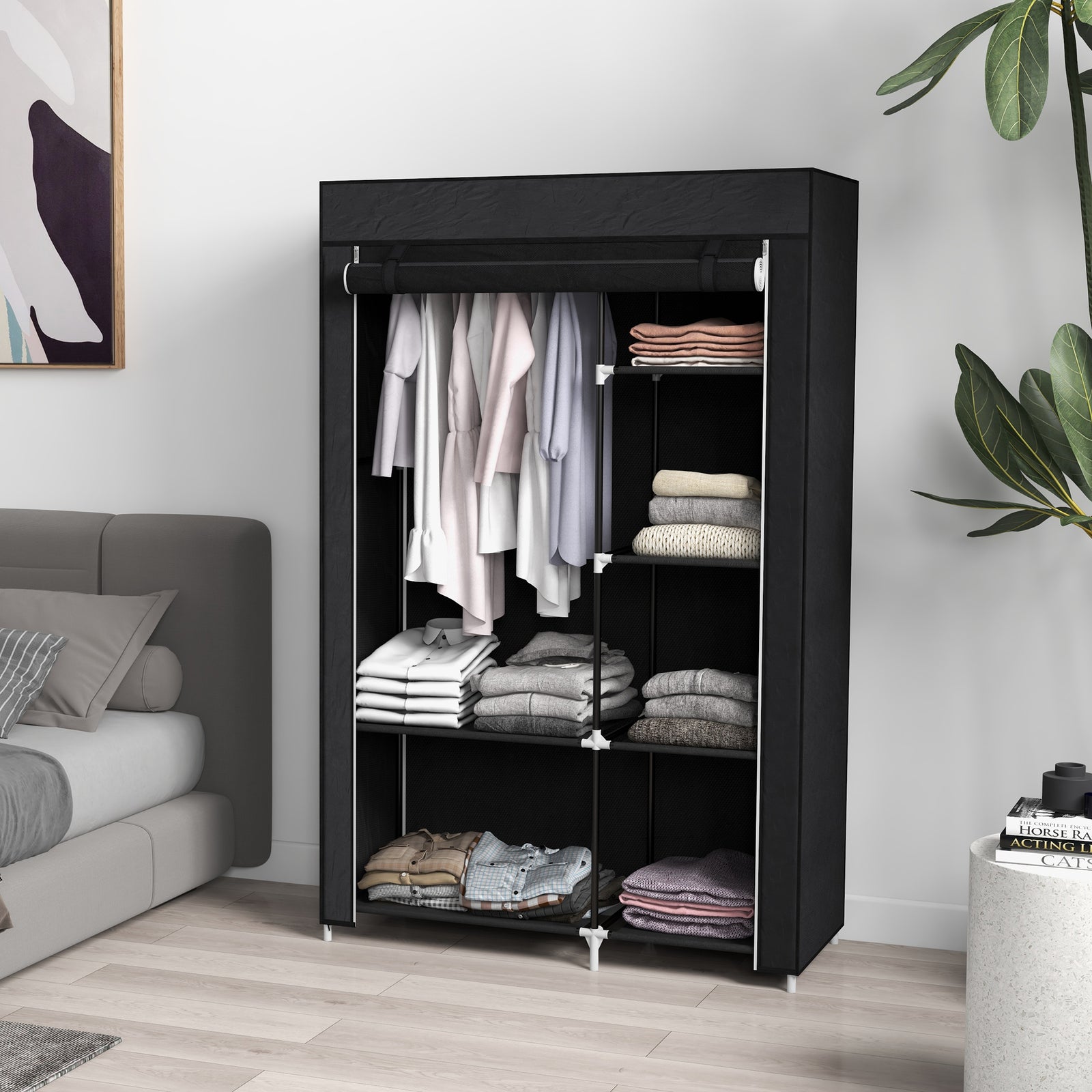 Fabric Wardrobe W/ Shelves Hanging Rail Foldable Closets | Black