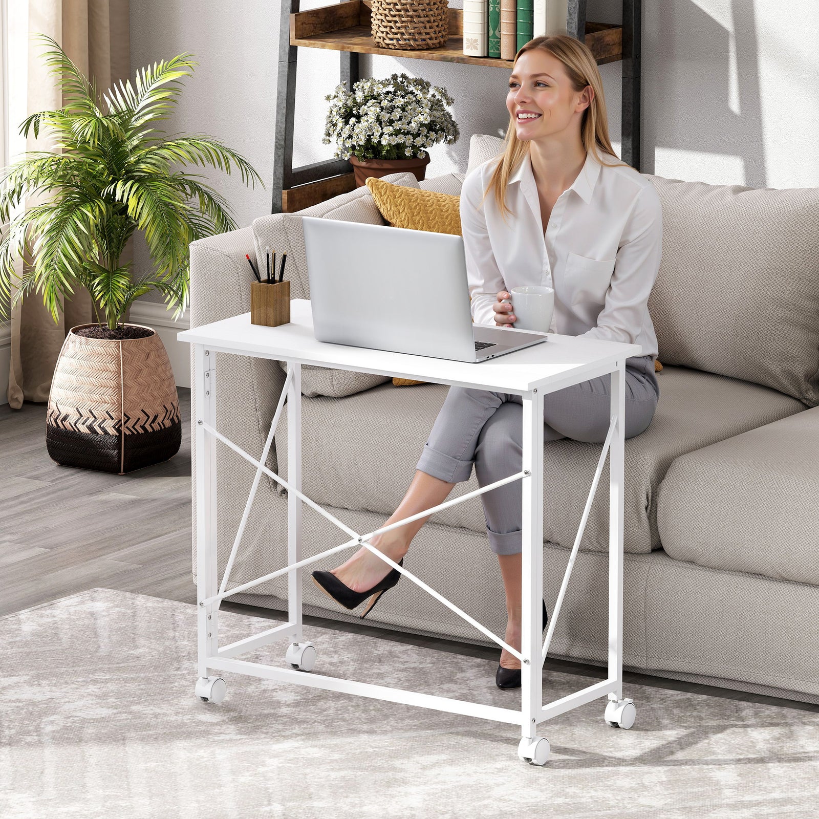Folding Desk On Wheels, Writing Table For Home Office | White