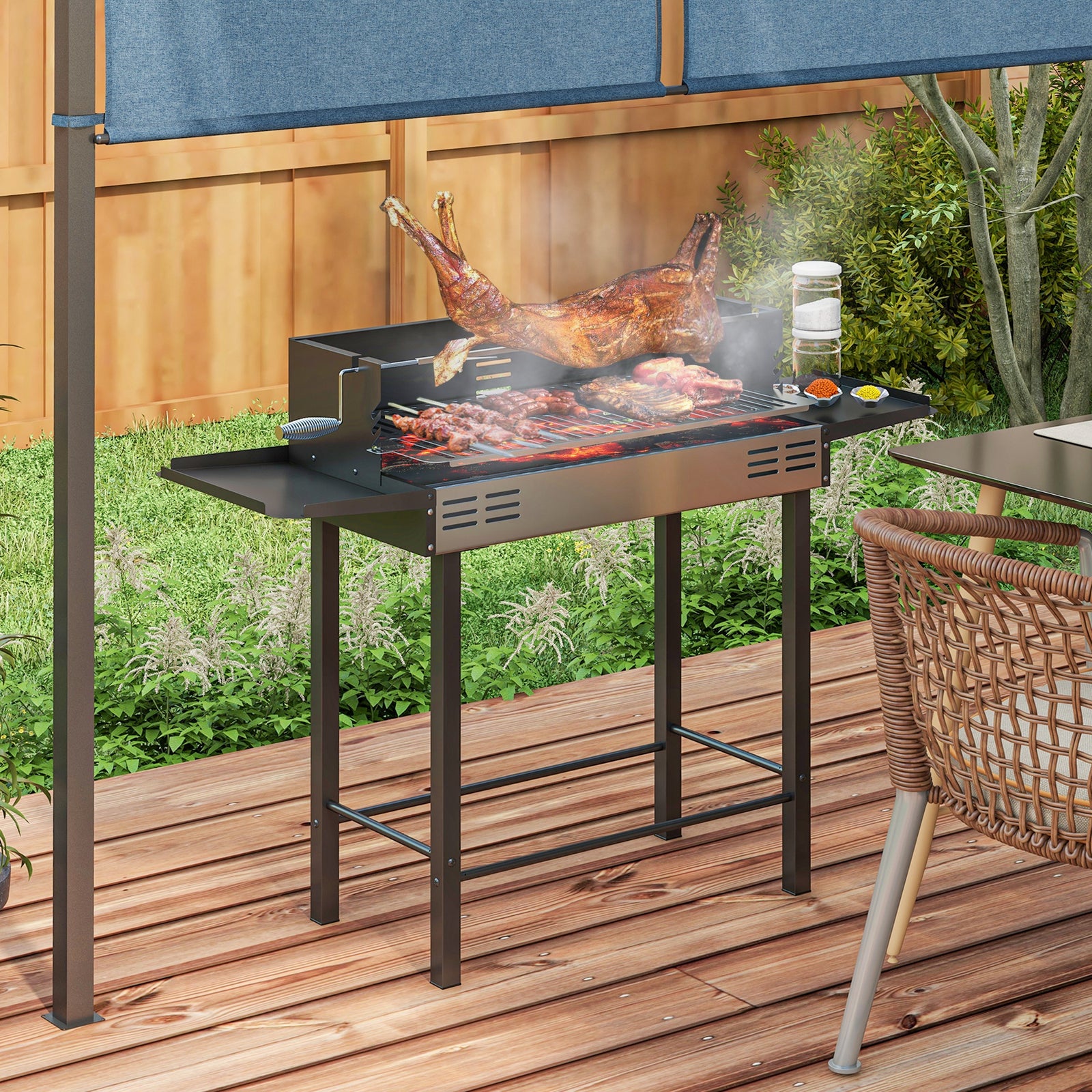 Bbq Rotisserie Grill, Charcoal, Foldable Shelves | Black