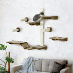 8pcs Wall Mounted Cat Shelves W/ Posts, Perches, Ladder - Brown