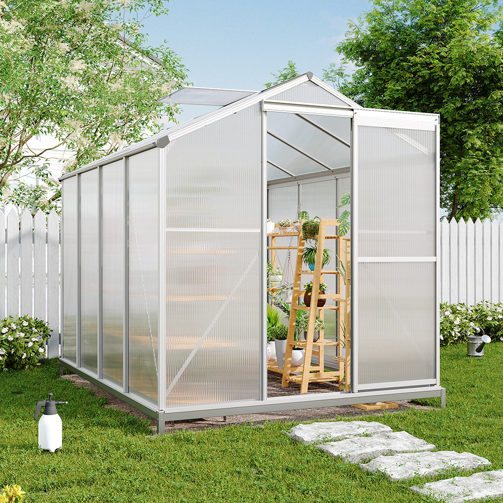 Polycarbonate Greenhouse With Base– Aluminum Frame Walk-in Greenhouse With Sliding Door & Ventilation Window For Plants & Flowers | Large | Clear