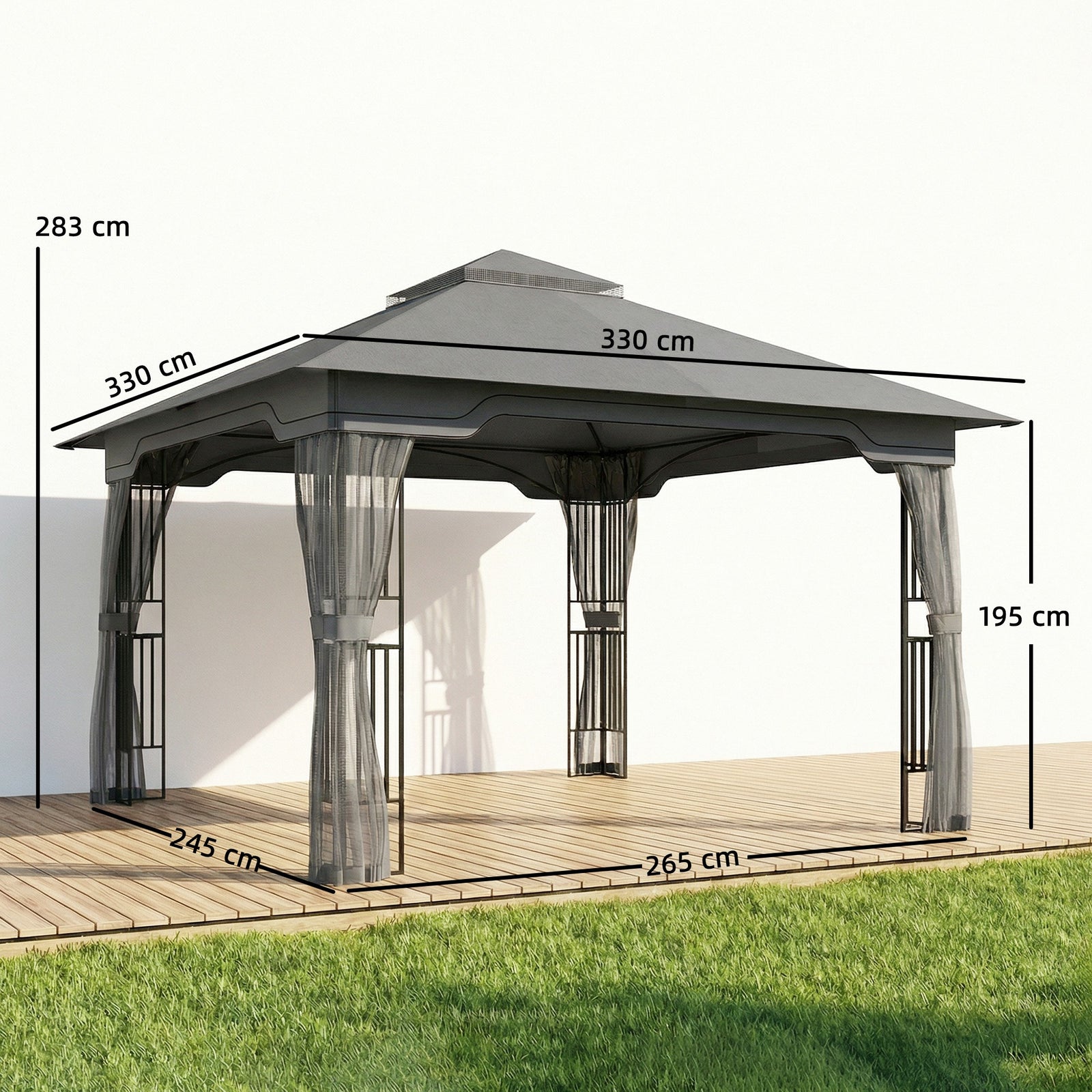 3.3 X 3.3 M Garden Gazebo With Shelves, Upf50+ Permanent Gazebo | Dark Grey