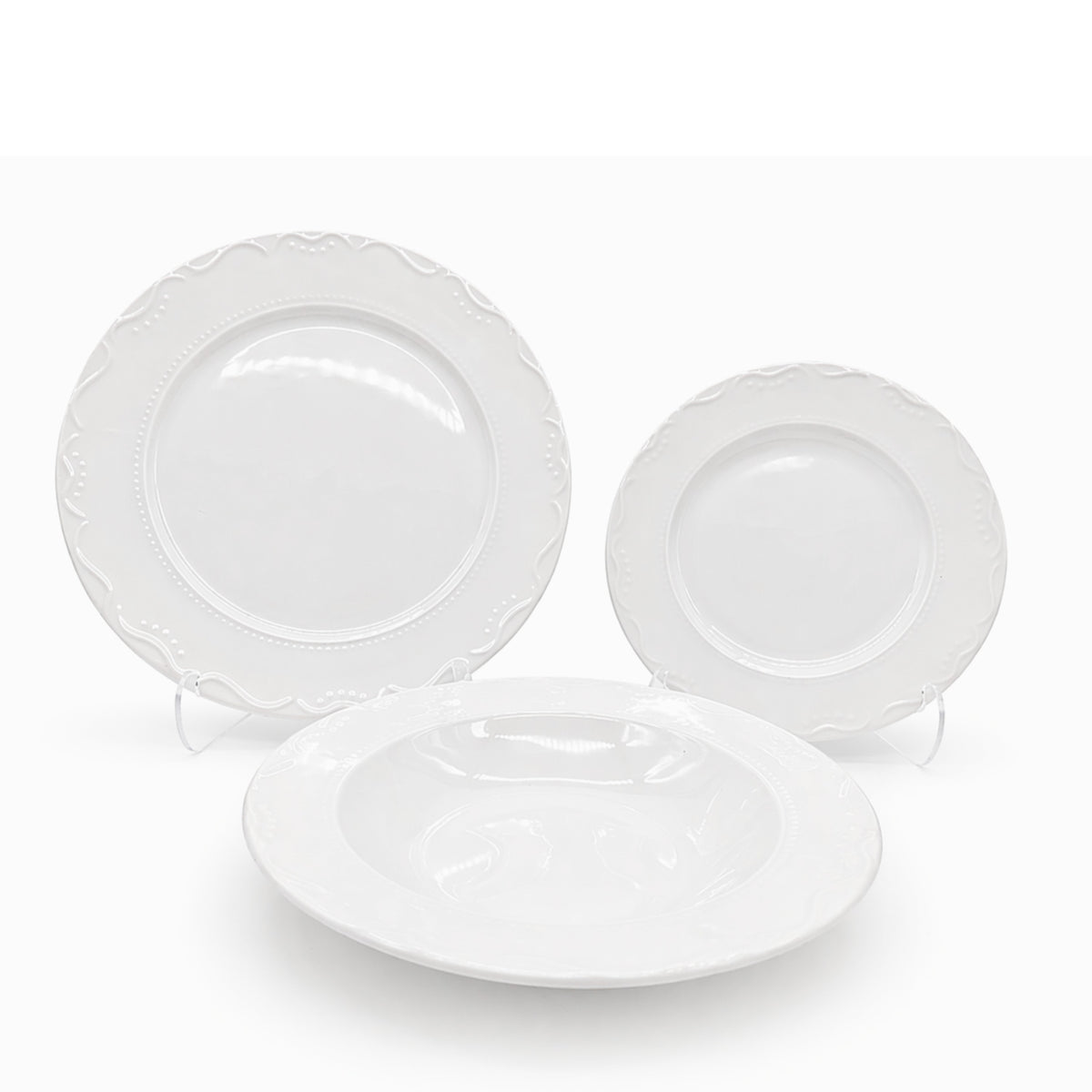 Dinner Set Porcelain White Embossed Floral Dot Rim Plates Bowls | Set of 12 | White